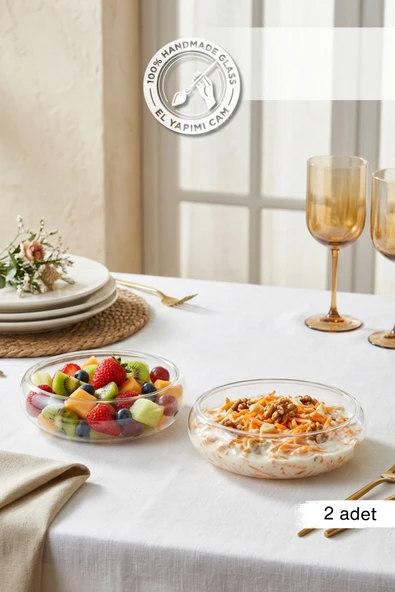 Selen Concept Simge Model Orta Boy El Yapımı Cam Salata Kasesi 2'li Set ürün görseli 1