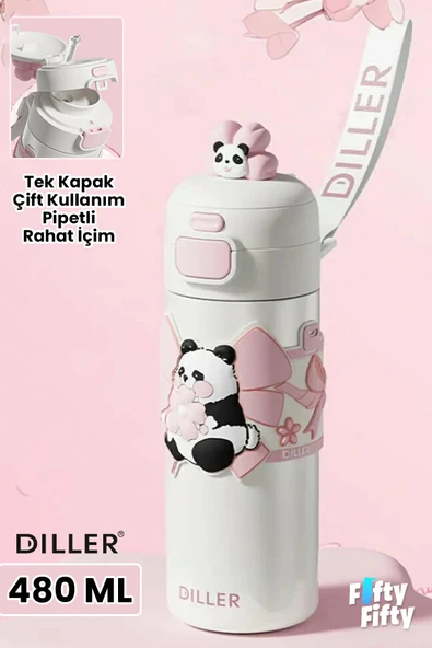 DILLER 480 ML Tek Kapak Çift Kullanım Pipetli/Pipetsiz Taşıma El Askılı Vacum Cup/Çelik Termos -FFD9317-480 ürün görseli 1