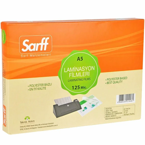 SARFF 125MIC LAMİNASYON FİLMLERİ - A5(155X216MM) - 100ADET ürün görseli 1