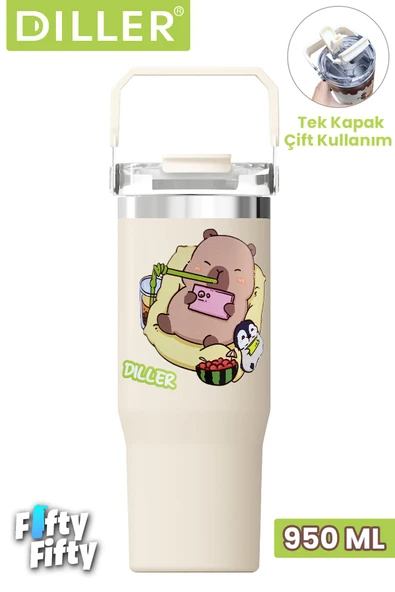 DILLER Tumbler Kapibara 950 ML Tek Kapak Çift Kullanım Pipetli/Pipetsiz Taşıma Kulplu Çelik Termos-FFDILLERD9358 ürün görseli 1