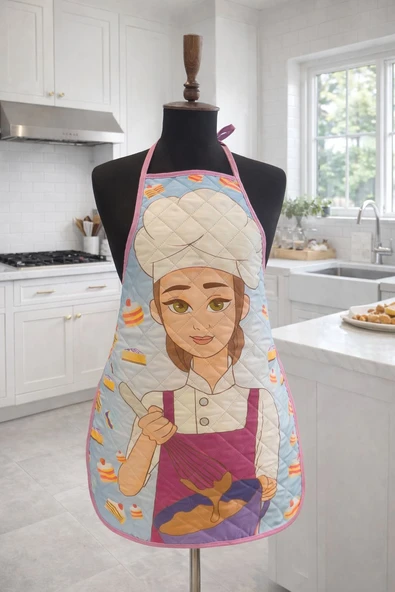 Kapitoneli Sıvı Geçirmez Leke Tutmaz Mutfak Önlüğü Dijital Baskılı Önlük Bake Girl ürün görseli 1