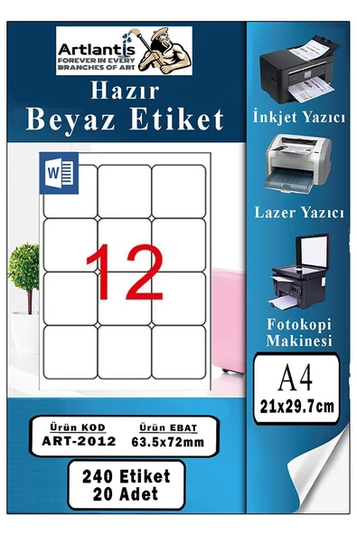 A4 12 li Hazır Etiket 63.5x72 mm 20 Sayfa 1 Paket Kendinden Yapışkanlı Fotokopi Lazer İnkjet Kağıdı Yazıcılar İçin Uyum ürün görseli 1
