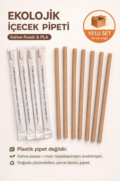 10'lu Wastepresso Ekolojik PLA Pipet 8x240 mm – Kompostlanabilir, Sargılı, Kahve Posalı ürün görseli 1