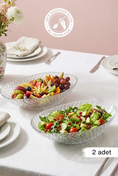 Selen Concept İnci Model El Yapımı Cam Gondol Salata Kasesi Meyvelik ve Sunumluk 2'li Set ürün görseli 1