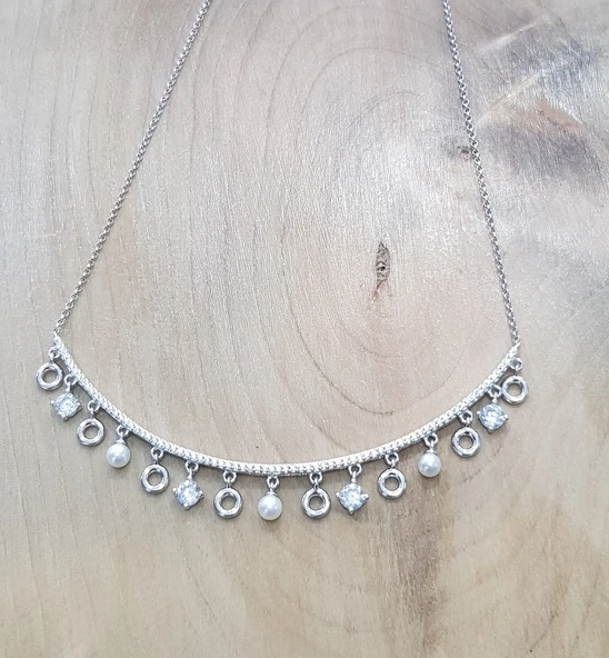 İncili Swarovski Taşlı Tasarım Gümüş Kolye ürün görseli 1