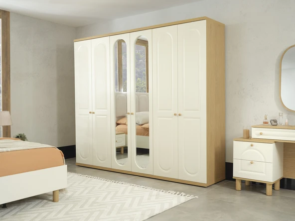 Dienni Bohem 6 Kapaklı Gardırop - 252 cm Genişlik - Aynalı ve Özel Desenli Kapak Tasarımı - Geniş İç Hacimli Elbise Dolabı ürün görseli 1