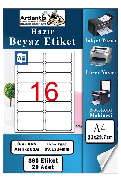 A4 16 lı Hazır Etiket 99.1x34 mm 20 Sayfa 1 Paket Kendinden Yapışkanlı Fotokopi Lazer İnkjet Kağıdı Yazıcılar İçin Uyum ürün görseli 1