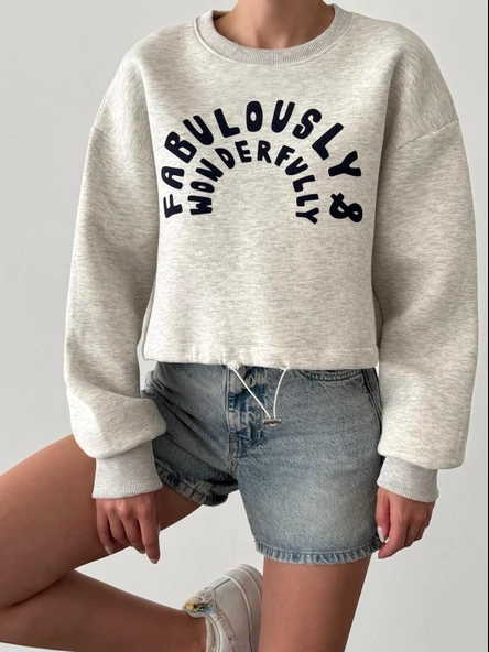 Fabulously Gri Crop Bel Lastikli Şardonlu Kol Parmak Geçmeli Kadın Sweatshirt ürün görseli 1