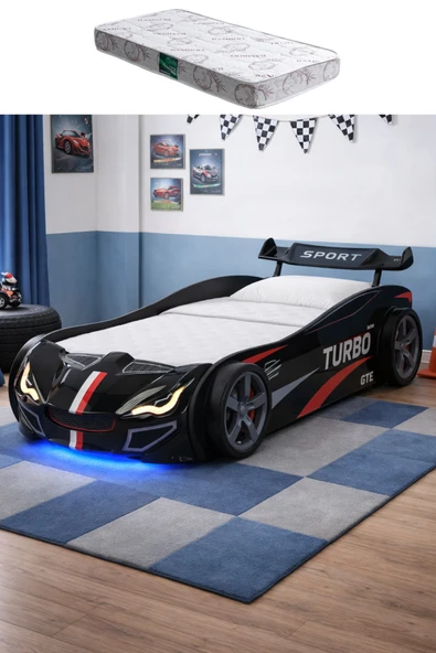 Arabalı Yatak, Turbo GTI Rüzgarlıklı Ledli Arabalı Çocuk Yatağı - Siyah - 1 Adet Comfort Yatak ürün görseli 1