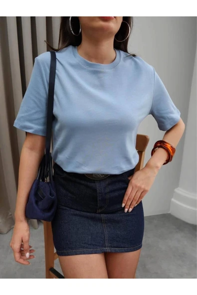 %100 Pamuk Bisiklet Yaka Basic Bebe Mavisi Kadın T-shirt ürün görseli 1