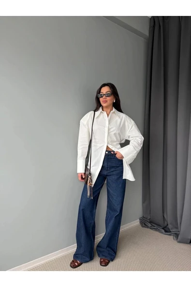 Geniş Paça Lacivert Denim Yüksek Bel Kadın Jean Pantolon ürün görseli 1
