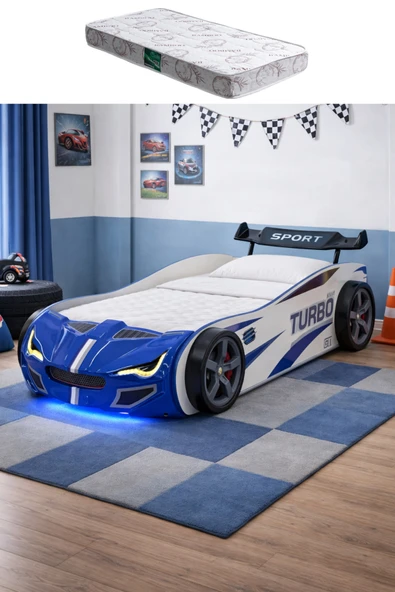 Arabalı Yatak, Turbo GTI Rüzgarlıklı Ledli Arabalı Çocuk Yatağı - Mavi - 1 Adet Comfort Yatak ürün görseli 1