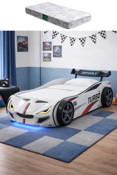 Arabalı Yatak, Turbo GTI Rüzgarlıklı Ledli Arabalı Çocuk Yatağı - Beyaz - 1 Adet Comfort Yatak ürün görseli 1