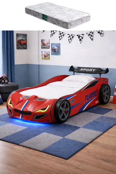Arabalı Yatak, Turbo GTI Rüzgarlıklı Ledli Arabalı Çocuk Yatağı - Kırmızı - 1 Adet Comfort Yatak ürün görseli 1