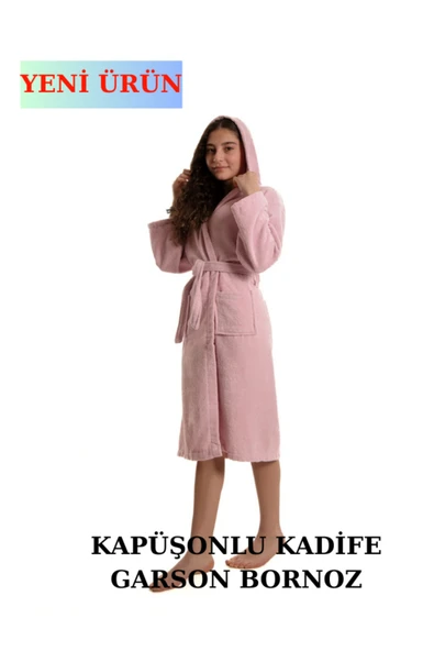 ROZET TEKSTİL Pamuklu Kapüşonlu Çocuk Garson Boy Unisex Cepli Bukle Kadife Bornoz ürün görseli 1