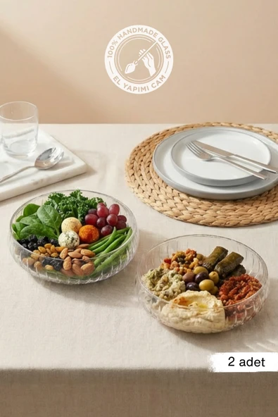 Selen Concept El Yapımı Büyük Boy Cam Salata Kasesi 2'li Set ürün görseli 1