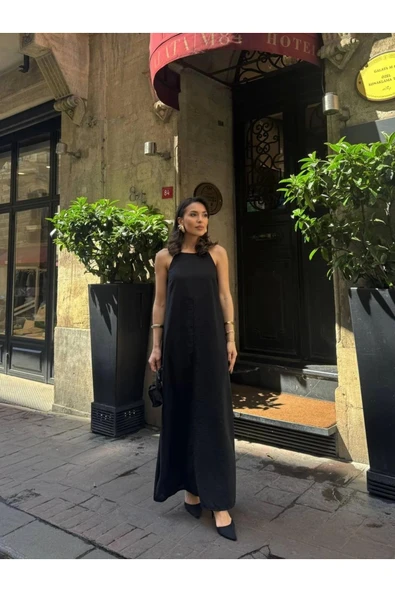 Siyah Askılı Keten Maxi Elbise - Resim 12