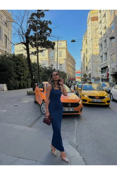Lacivert Askılı Yırtmaçlı Elbise - Resim 11