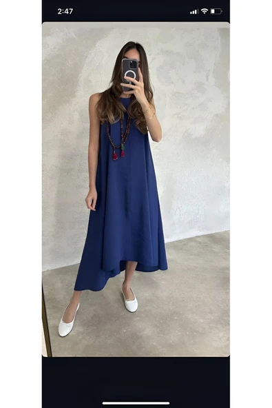 Asimetrik Lacivert Modal Kumaş Kalın Askılı Midi Boy Giy Çık Elbise ürün görseli 1