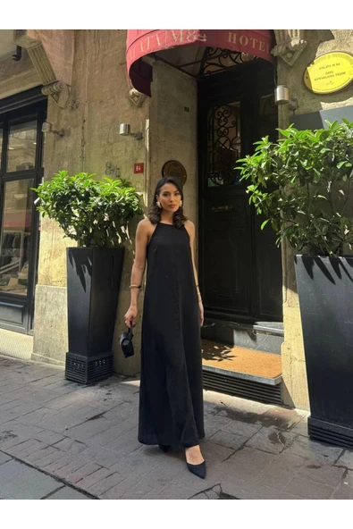 Siyah Askılı Keten Maxi Elbise - Resim 9