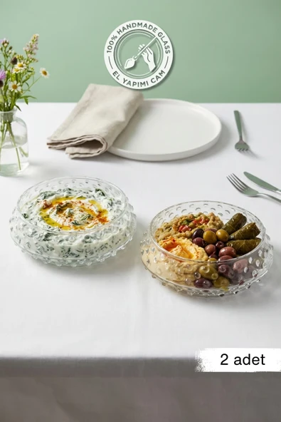 Selen Concept Bubble Model Orta Boy El Yapımı Cam Salata ve Sunum Kasesi 2'li Set ürün görseli 1
