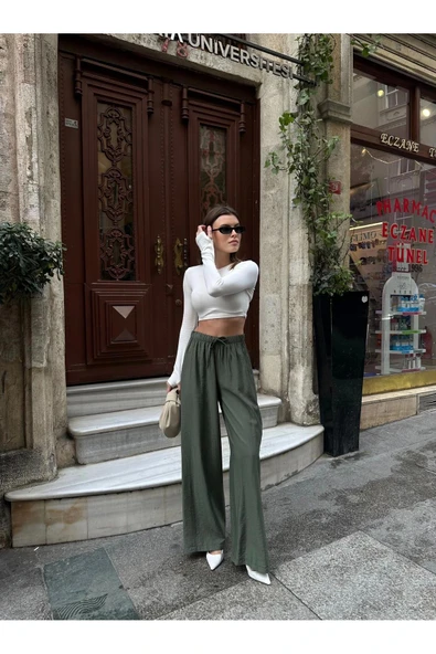Haki Beli Lastikli Çilek Kumaş Kadın Pantolon ürün görseli 1