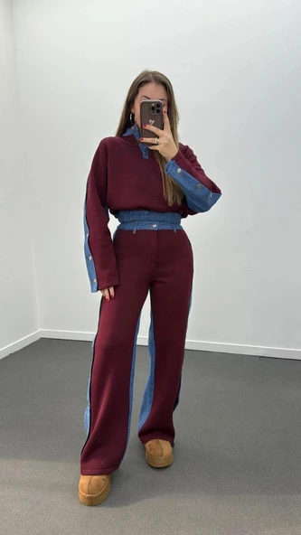 Yanları Düğmeli Denim Detaylı Bordo Sweat Pantolon Kadın Takım ürün görseli 1