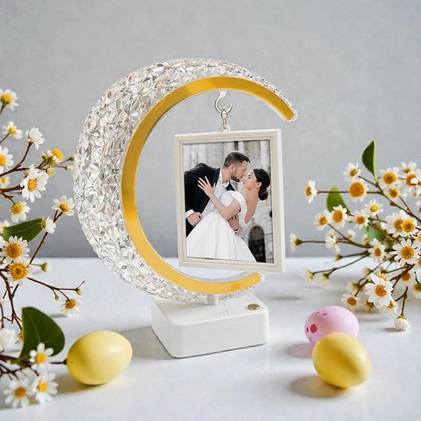 Kristal Led'li Hilal Fotoğraf Çerçevesi Dokunmatik Işıklı 2 Fotoğraflı Kişiye Özel Hediye ürün görseli 1