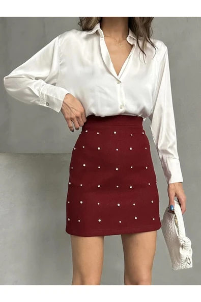 Bordo Süet Kaşe Taşlı Mini Etek - Resim 2