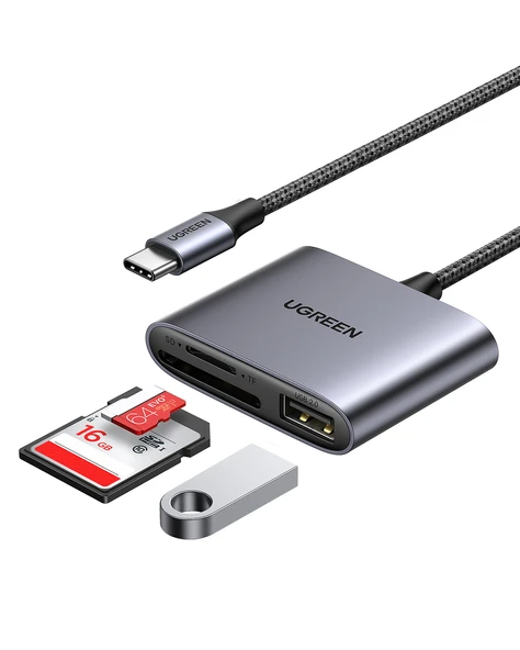 UGREEN Type-C to SD Micro SD/TF + USB 2.0 Kart Okuyucu Adaptör, 80798 ürün görseli 1
