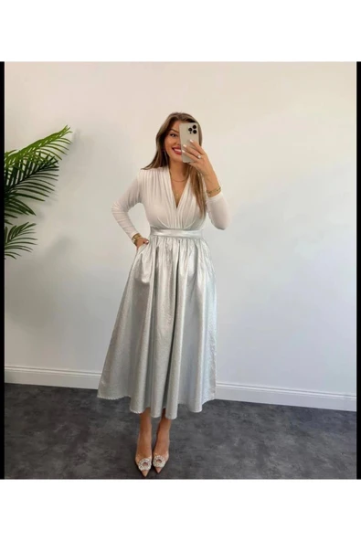 Metalik Silver Midi Etek - Resim 3