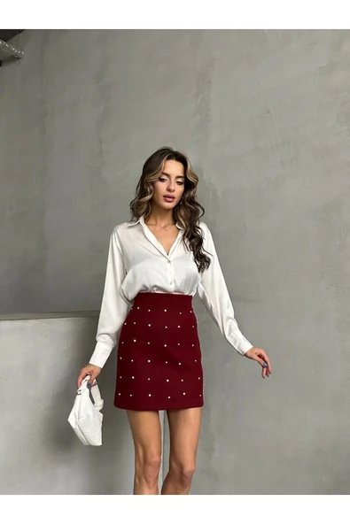 Bordo Süet Kaşe Taşlı Mini Etek - Resim 3