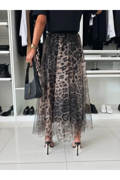 Leopar Desenli Tül Etek - Resim 6