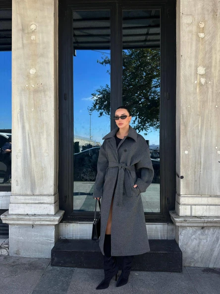 Oversize Gri Kaşe Kuşaklı Uzun Kadın Kaban ürün görseli 1