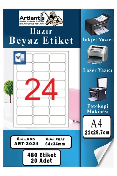 A4 24 lü Hazır Etiket 64x34 mm 20 Sayfa 1 Paket Kendinden Yapışkanlı Fotokopi Lazer İnkjet Kağıdı Yazıcılar İçin Uyumlu ürün görseli 1