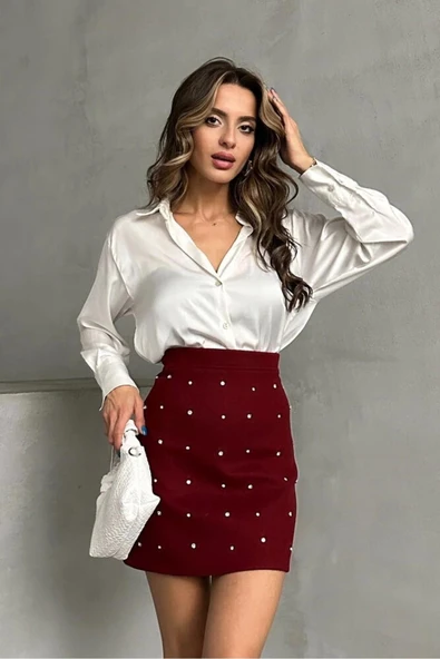 Bordo Süet Kaşe Taşlı Mini Etek - Resim 11