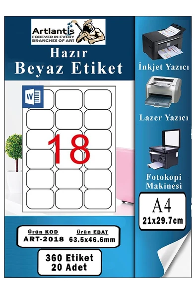 A4 18 li Hazır Etiket 63.5x46.6 mm 20 Sayfa 1 Paket Kendinden Yapışkanlı Fotokopi Lazer İnkjet Kağıdı Yazıcılar İçin ürün görseli 1