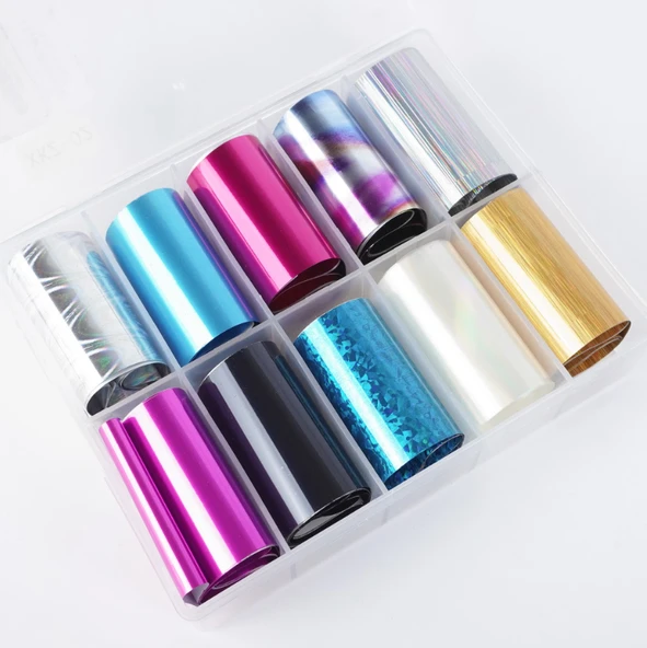 10lu Tırnak Süsleme Folyosu Parlak Düz Renk ve Holografik Nail Art Transfer Folyo WNF-260 ürün görseli 1