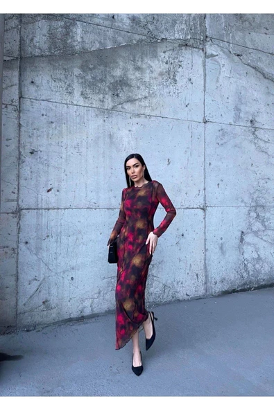 Desenli Tül Elbise - Resim 7