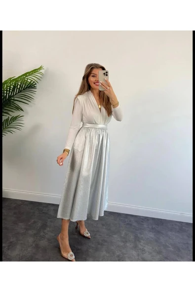 Metalik Silver Midi Etek - Resim 6