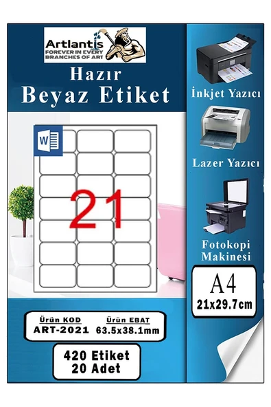 A4 21 li Hazır Etiket 63.5x38.1 mm 20 Sayfa 1 Paket Kendinden Yapışkanlı Fotokopi Lazer İnkjet Kağıdı Yazıcılar İçin Uyumlu ürün görseli 1