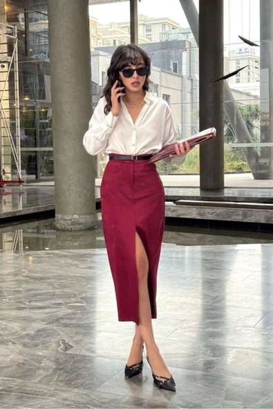 Bordo Süet Önden Yırtmaçlı Midi Deri Etek ürün görseli 1