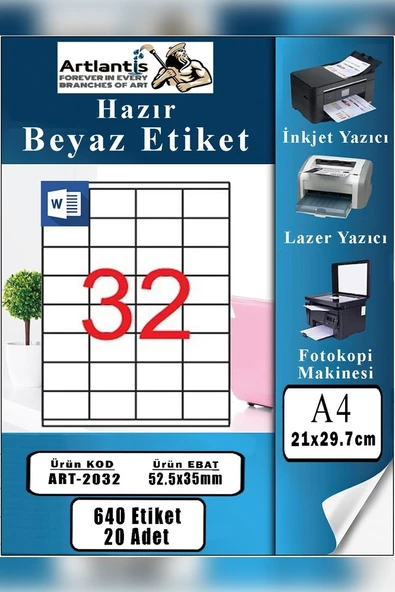 A4 32 li Hazır Etiket 52.5x35 mm 20 Sayfa 1 Paket Kendinden Yapışkanlı Fotokopi Lazer İnkjet Kağıdı Yazıcılar İçin Uyum ürün görseli 1