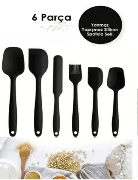 6lı Takım Yanmaz Yapışmaz Mutfak Pasta Slikon Yumurta Fırçası Kaşık Bıçak Spatula Seti ürün görseli 1