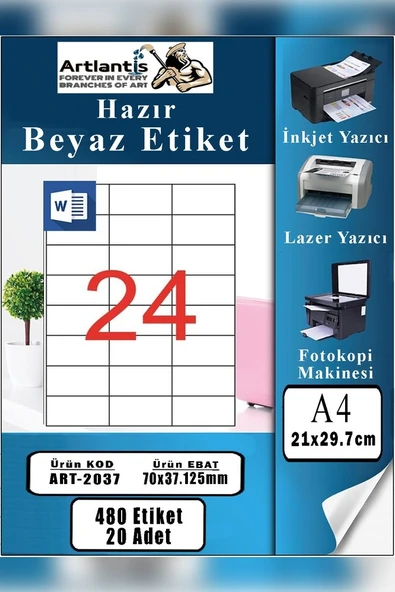 A4 Hazır Etiket 70x37.12 mm 20 Sayfa 1 Paket 24 lü Kendinden Yapışkanlı Fotokopi Lazer İnkjet Kağıdı Yazıcılar İçin ürün görseli 1