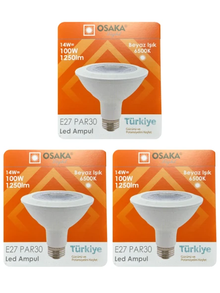(3 Adet) Osaka 14W (100W) Beyaz Işık (6500K) E27 Duylu (Kalın Duy) Led PAR30 Ampul ürün görseli 1