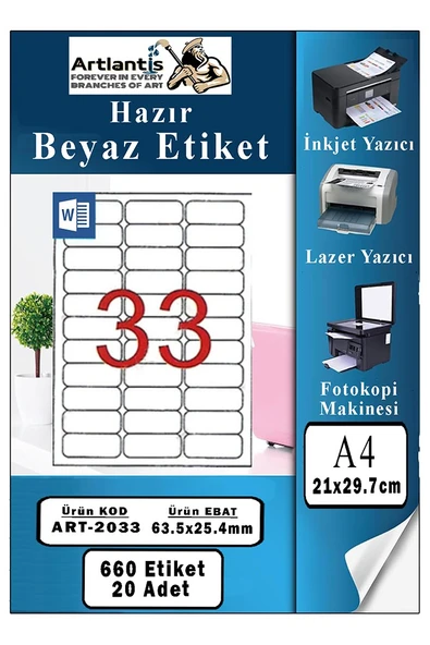 A4 33 lü Hazır Etiket 63.5x25.4 mm 20 Sayfa 1 Paket Kendinden Yapışkanlı Fotokopi Lazer İnkjet Kağıdı Yazıcılar İçin ürün görseli 1