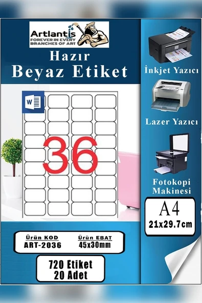 A4 36 lı Hazır Etiket 45x30 mm 20 Sayfa 1 Paket 36 lı Kendinden Yapışkanlı Fotokopi Lazer İnkjet Kağıdı Yazıcılar İçin ürün görseli 1