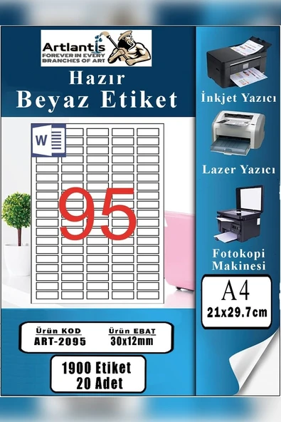 A4 Hazır Etiket 30x12 mm 20 Sayfa 1 Paket 95 li Kendinden Yapışkanlı Fotokopi Lazer İnkjet Kağıdı Yazıcılar İçin Uyumlu ürün görseli 1