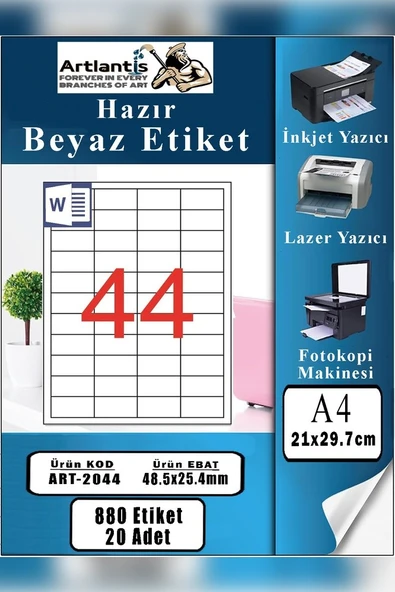 A4 Hazır Etiket 48.5x25.4 mm 20 Sayfa 1 Paket 44 lü Kendinden Yapışkanlı Fotokopi Lazer İnkjet Kağıdı Yazıcılar İçin Uyumlu ürün görseli 1